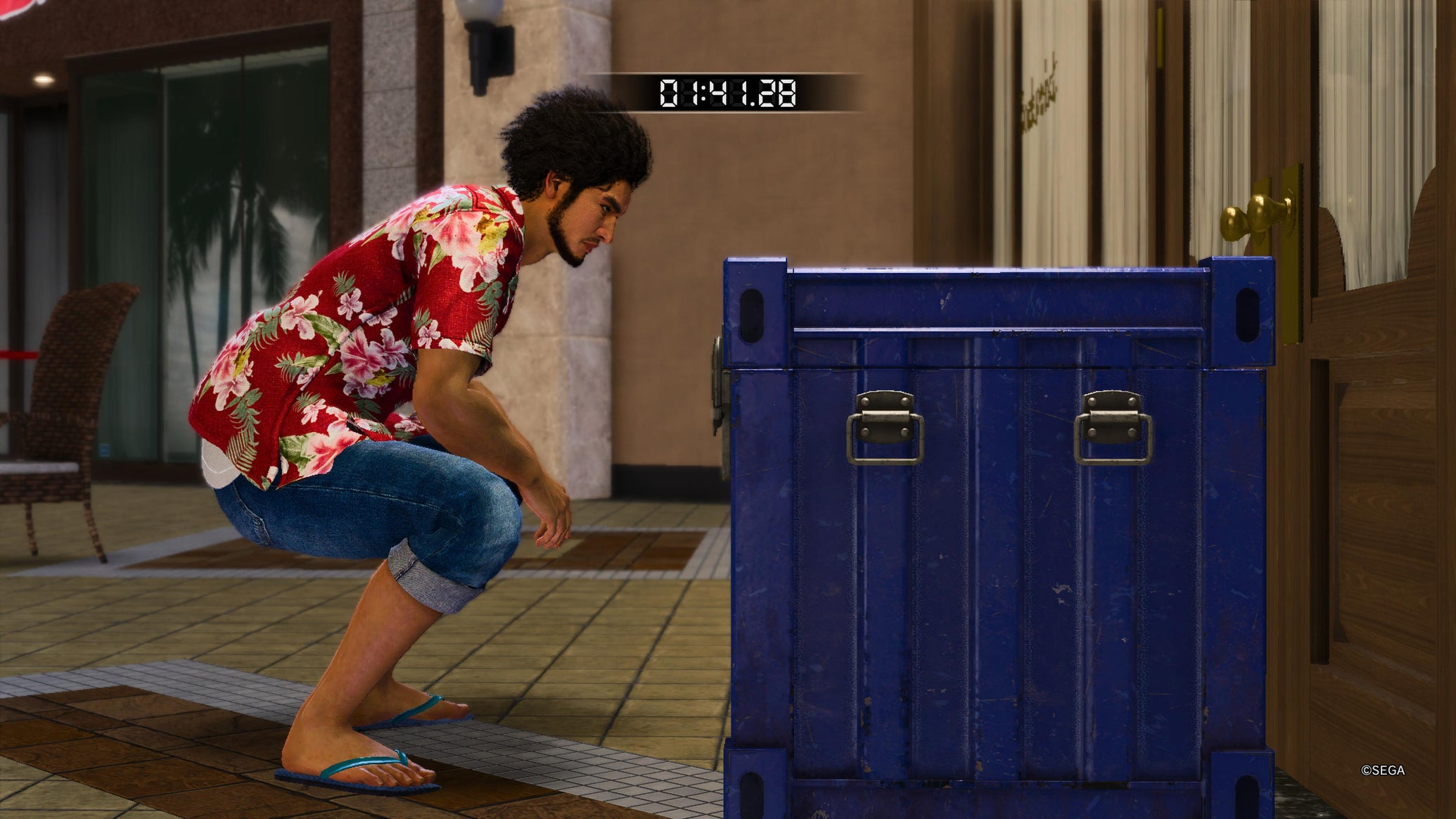 Ichiban Kasuga investigating a blue container during the Anaconda Escape substory in Like A Dragon: Infinite Wealth - 1