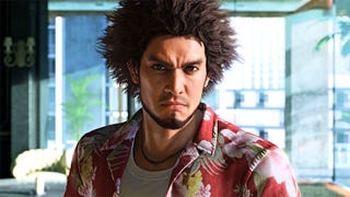 Like A Dragon Infinite Wealth best jobs each character: Ichiban Kasuga is standing in a room surrounded by glass windows, wearing a red Hawaiian print shirt and white T-shirt