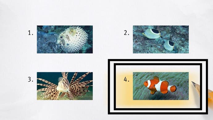 Like a Dragon Infinite Wealth, a clownfish is circled in a set of test answers.