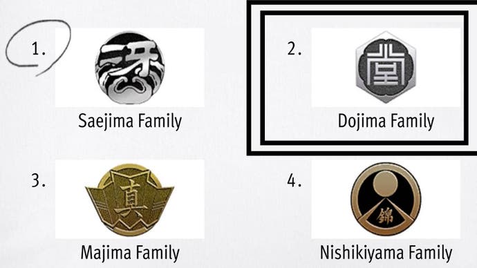 Like a Dragon Infinite Wealth, the Dojima Family Crest has been highlighted and is in the top right corner.