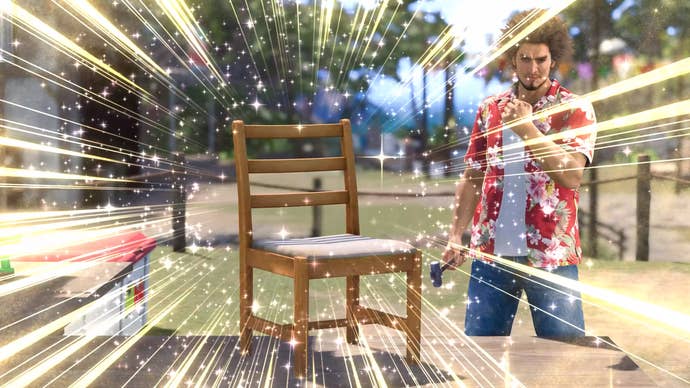 Kasuga is chuffed with his crafted chair in Like a Dragon: Infinite Wealth’s Dondoko Island activity