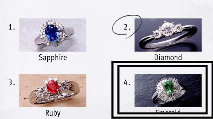 Like a Dragon Infinite Wealth, an Emerald ring has been circled among three other rings.