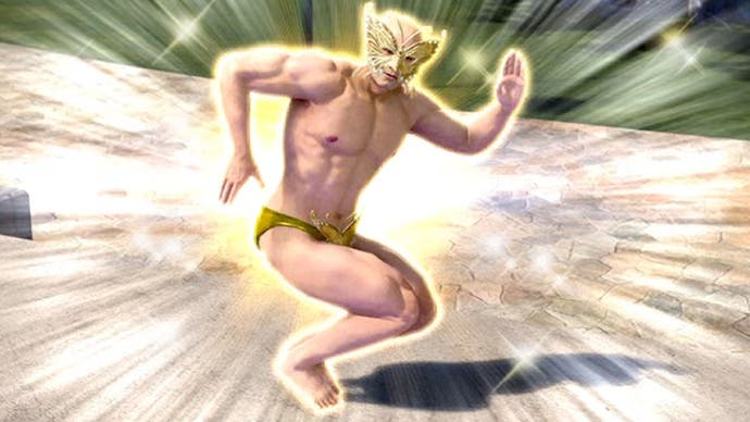 A person wearing a gold speedo and mask striking a dynamic pose in Like a Dragon Infinite Wealth (EMBARGO)