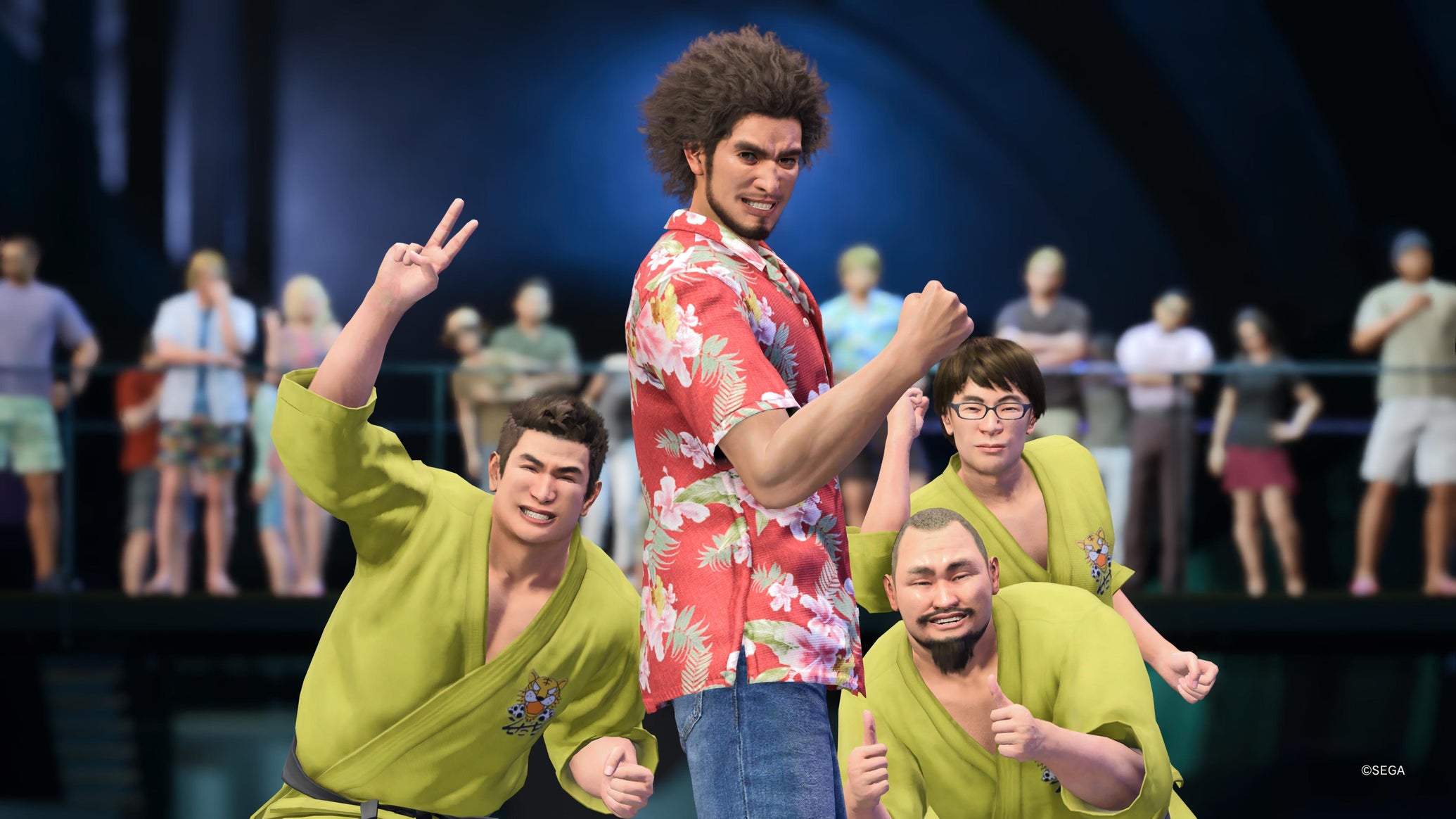 Ichiban Kasuga posing with three men wearing judo outfits in Like A Dragon: Infinite Wealth - 1