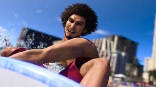 Like A Dragon Infinite Wealth jobs: Ichiban Kasuga, wearing a red swimsuit, is surfing, riding a wave on a light blue surfboard with the skyline of Honolulu behind him