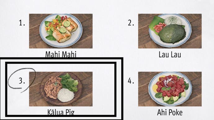 Like a Dragon Infinite Wealth, Kalua Pig dish has been circled in test answers.
