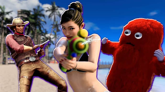 Ichiban Kasuga shooting a water pistol at Mukku in Like a Dragon: Infinite Wealth