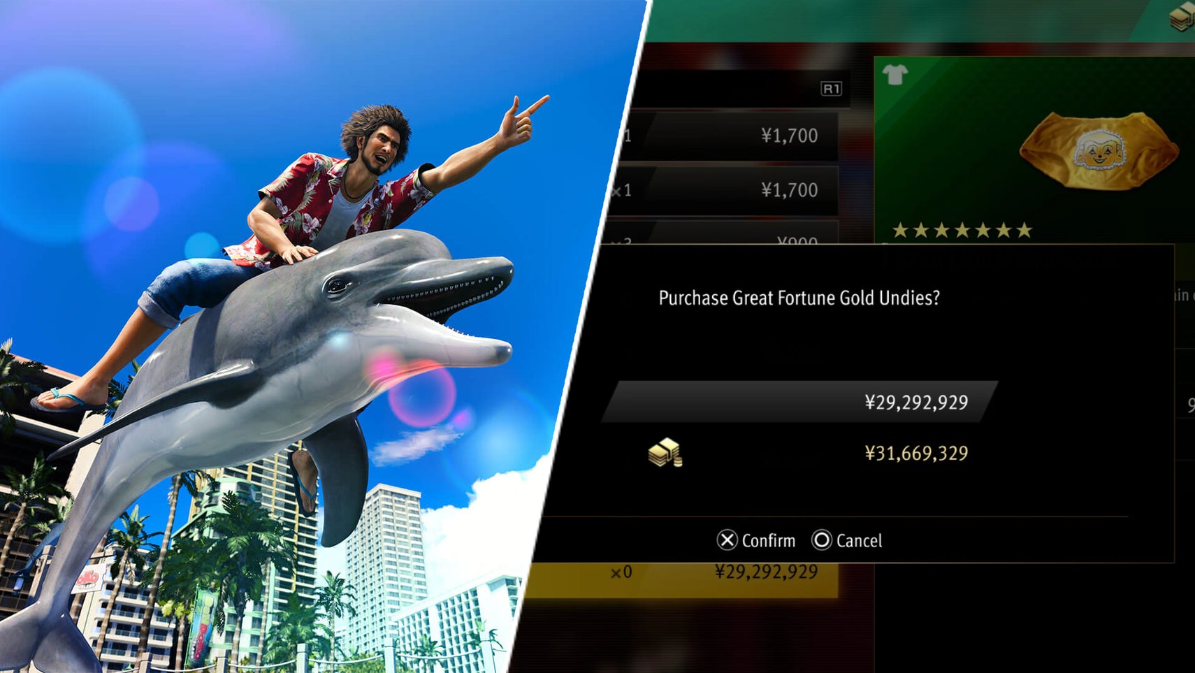 Ichiban Kasuga riding a dolphin opposite the golden underpants in Like A Dragon: Infinite Wealth. - 1