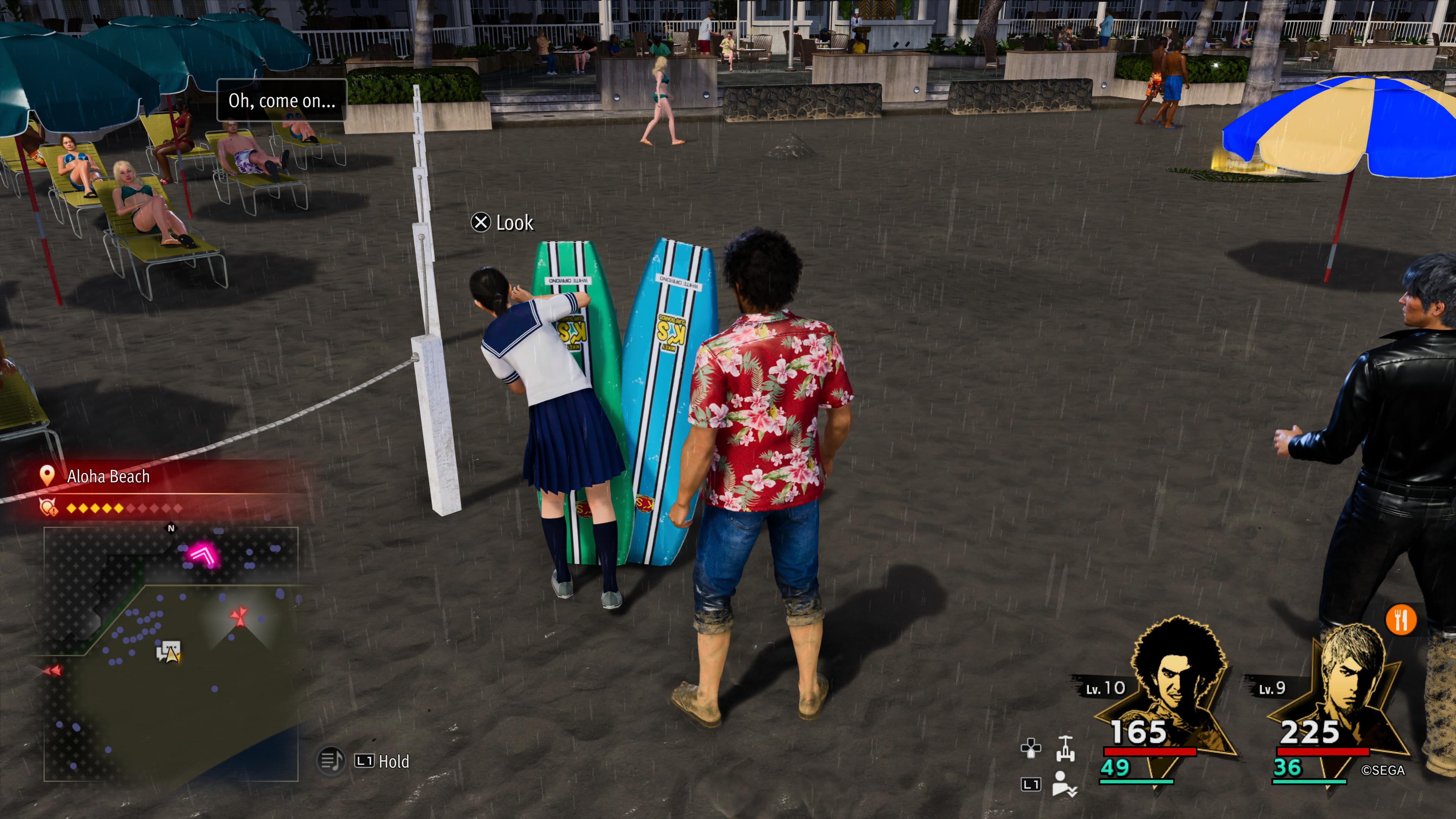 Ichiban Kasuga speaking to Hitomi behind some surfboards in Like A Dragon: Infinite Wealth