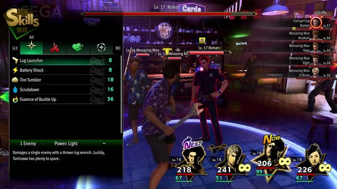 A battle scene menu for Tomizawa in Like A Dragon: Infinite Wealth