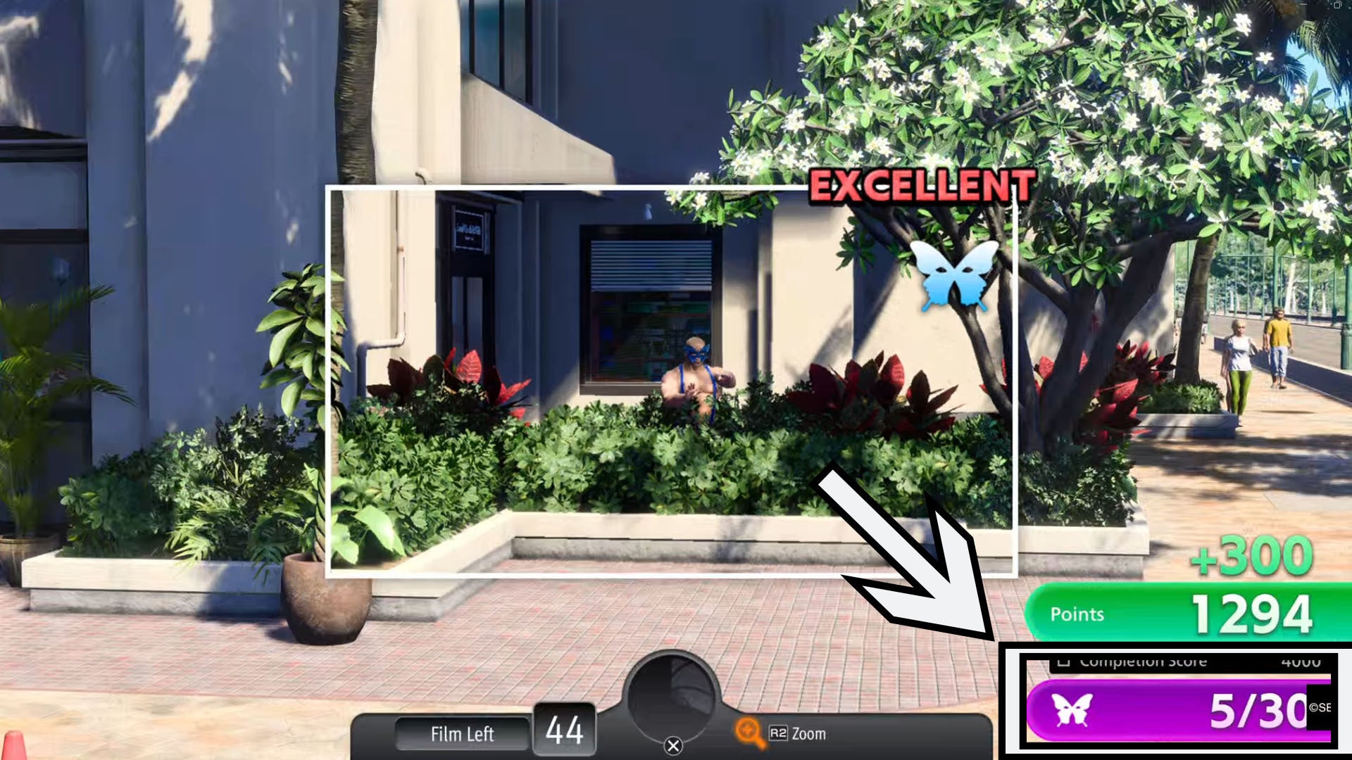 An arrow is pointing to sicko counter in the bottom right corner of the screen for sicko snap in Like a Dragon Infinite Wealth (EMBARGO)