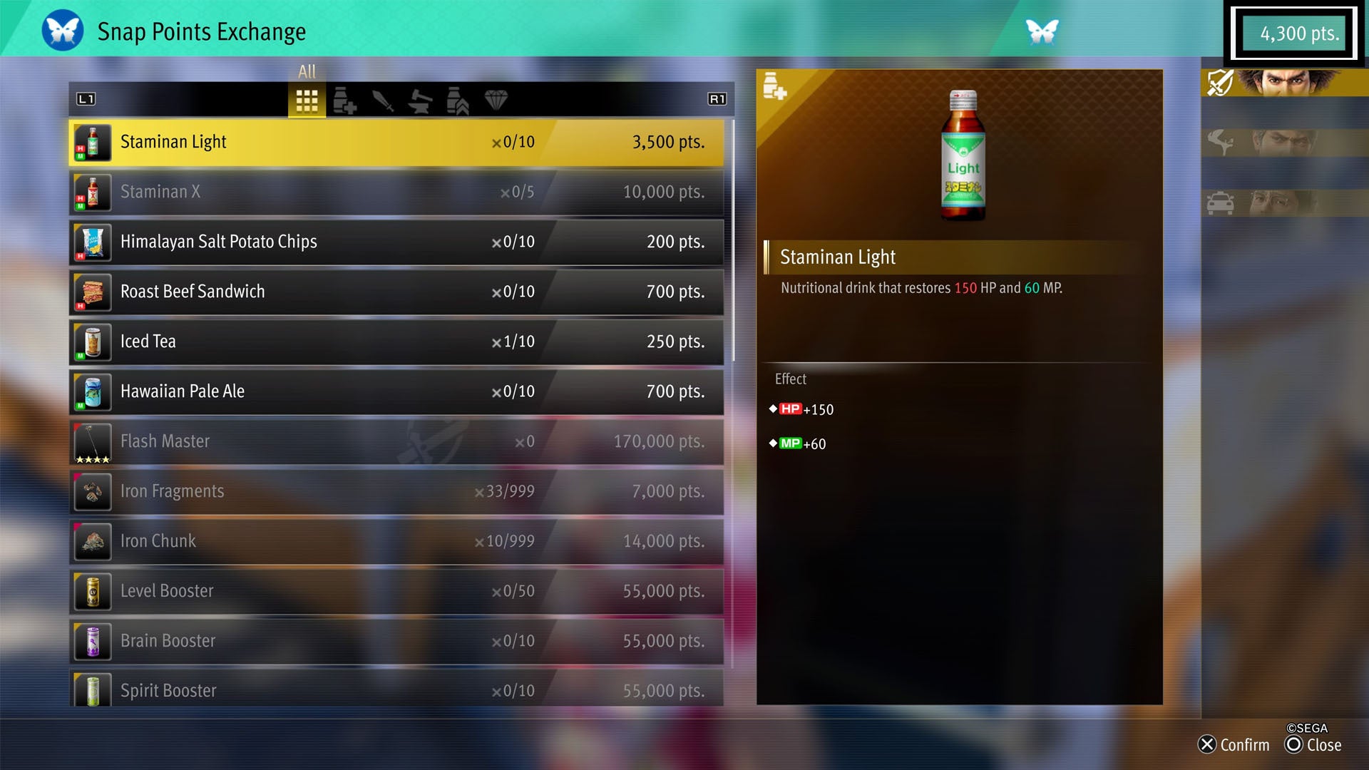 The Snap Point exchange store menu for sicko snap in Like a Dragon Infinite Wealth (EMBARGO)