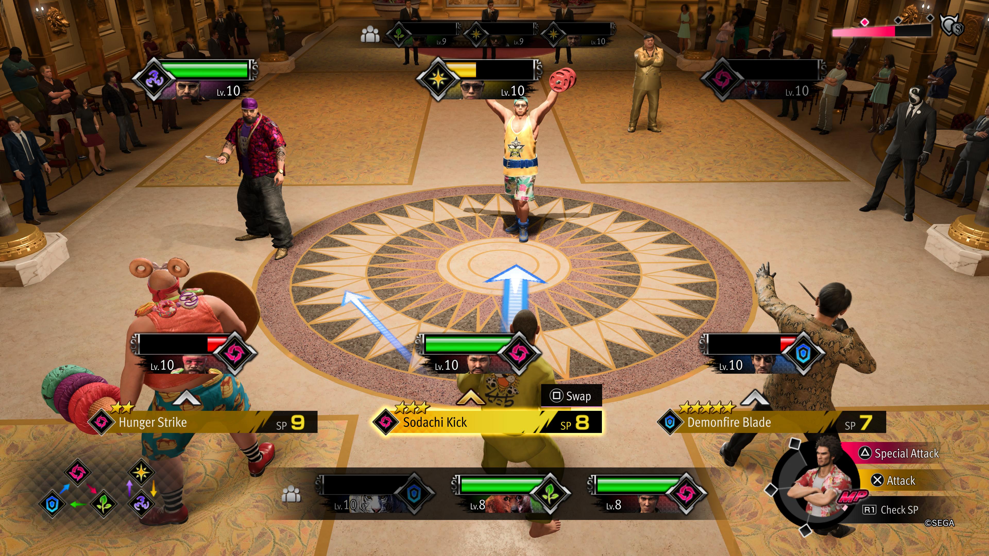 A Sujimon battle between six Sujimon in Like A Dragon: Infinite Wealth