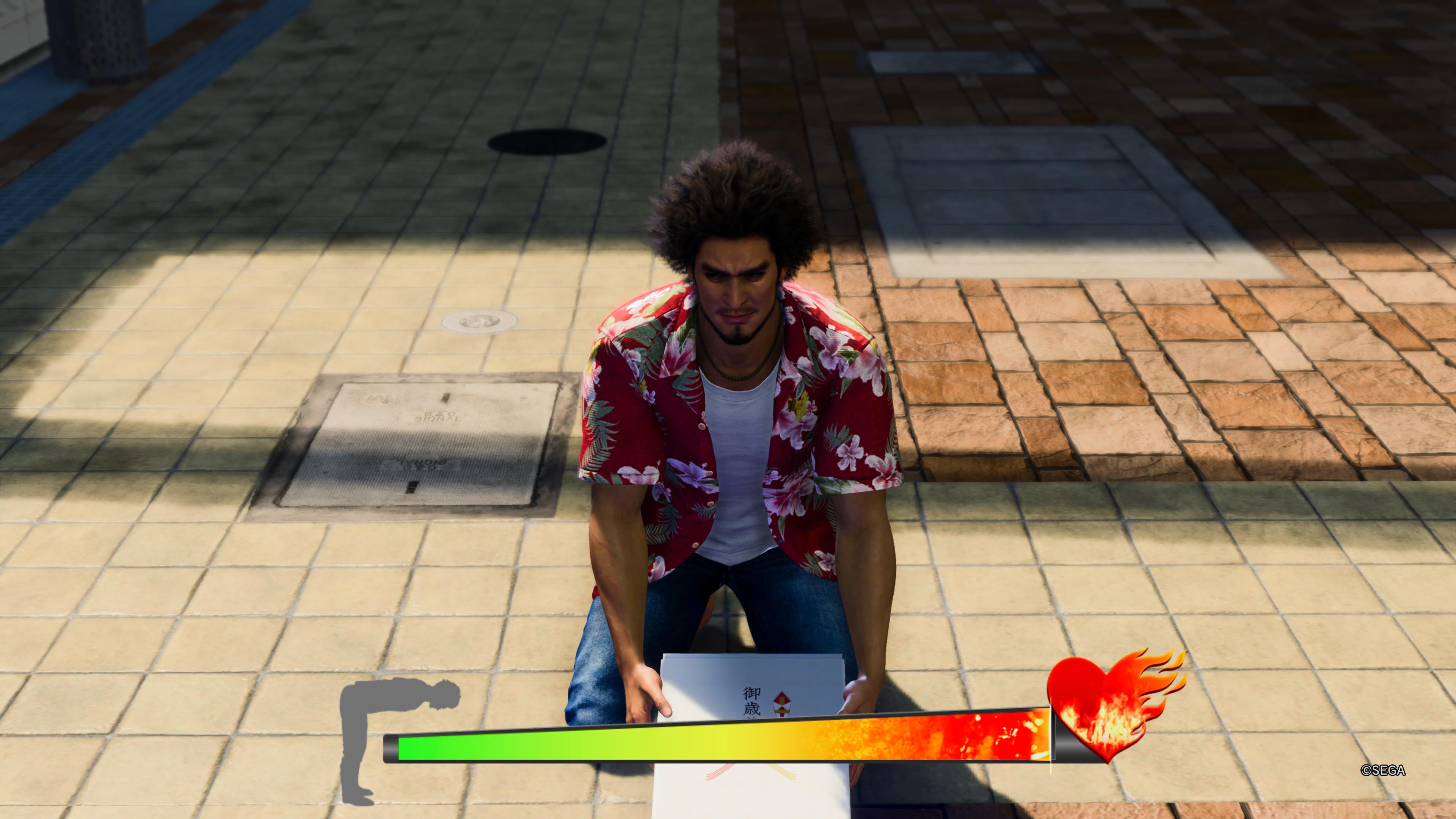 Ichiban Kasuga offering a box of gifts to a Sujimon in Like A Dragon: Infinite Wealth