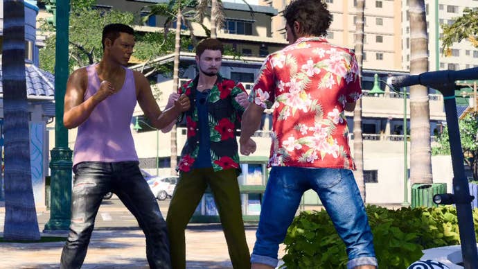 like a dragon infinite wealth surfin the street ichiban facing off with trio of thugs (EMBARGO)