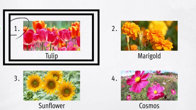 Like a Dragon Infinite Wealth, Tulips have been circled among a set of test answers.