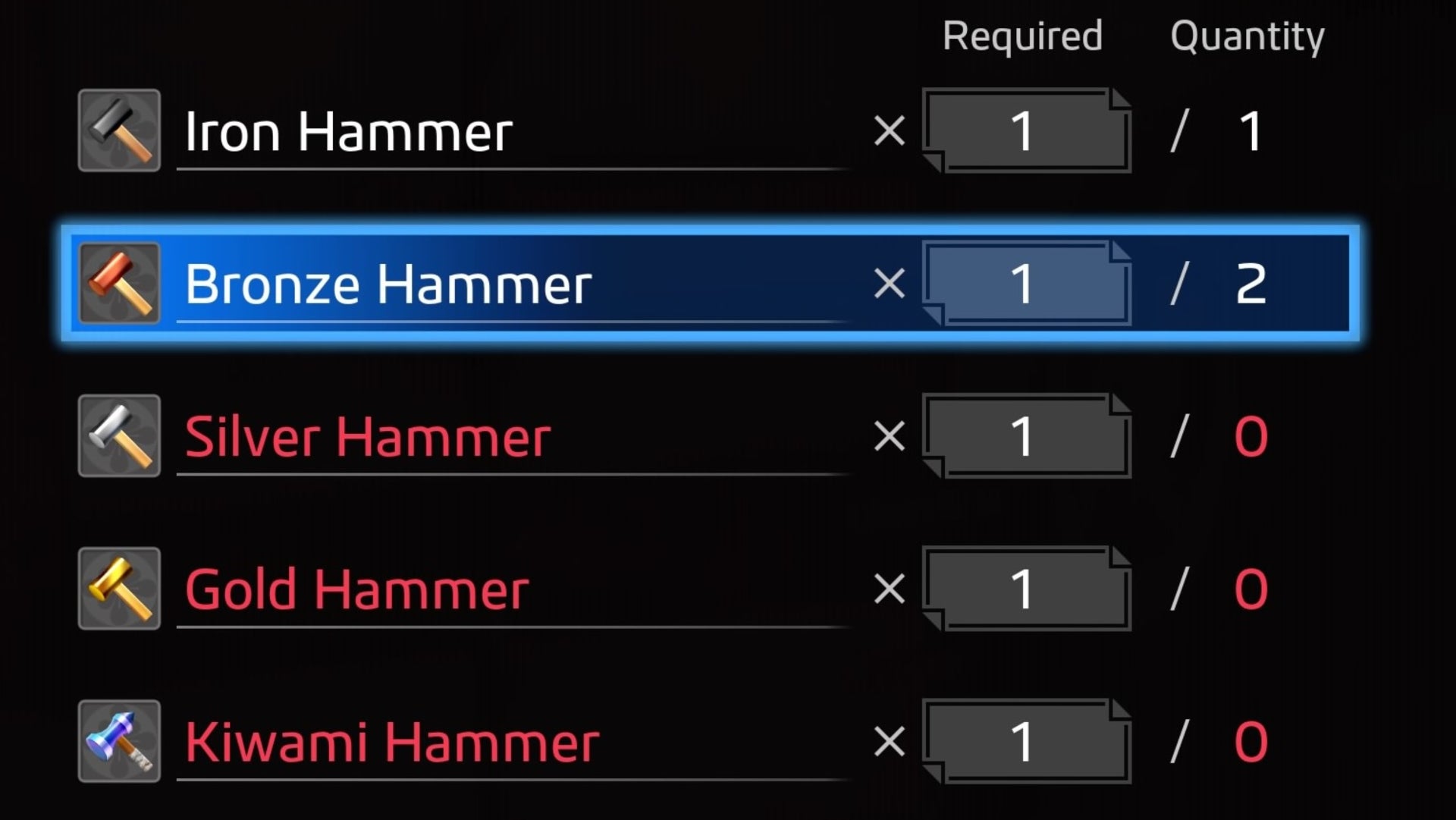 like a dragon ishin crafting hammers menu