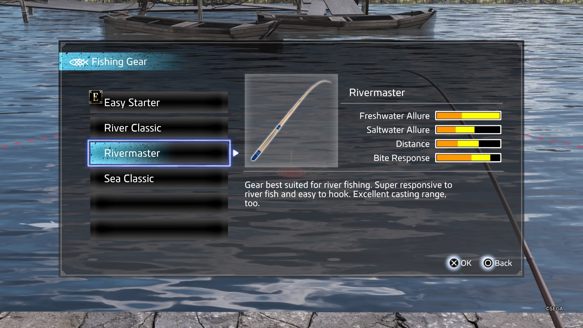 Like a Dragon Ishin, Fishing Tackle Menu displaying different rods