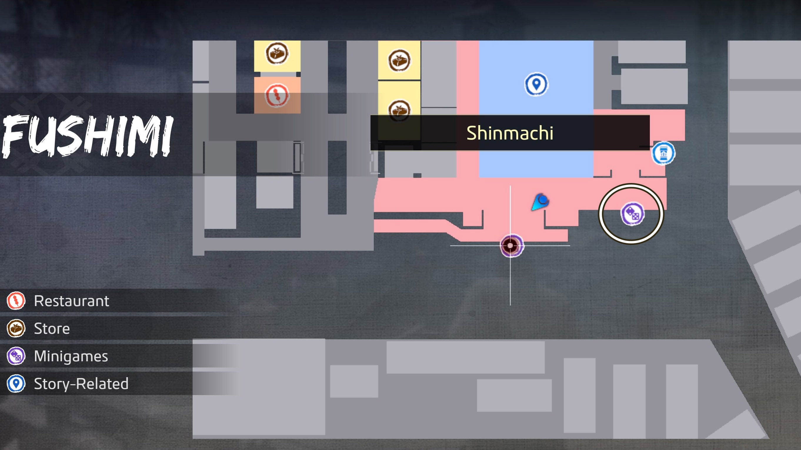 Like a Dragon Ishin, the River Fishing spot in Shinmachi has been circled on a map of Fushimi