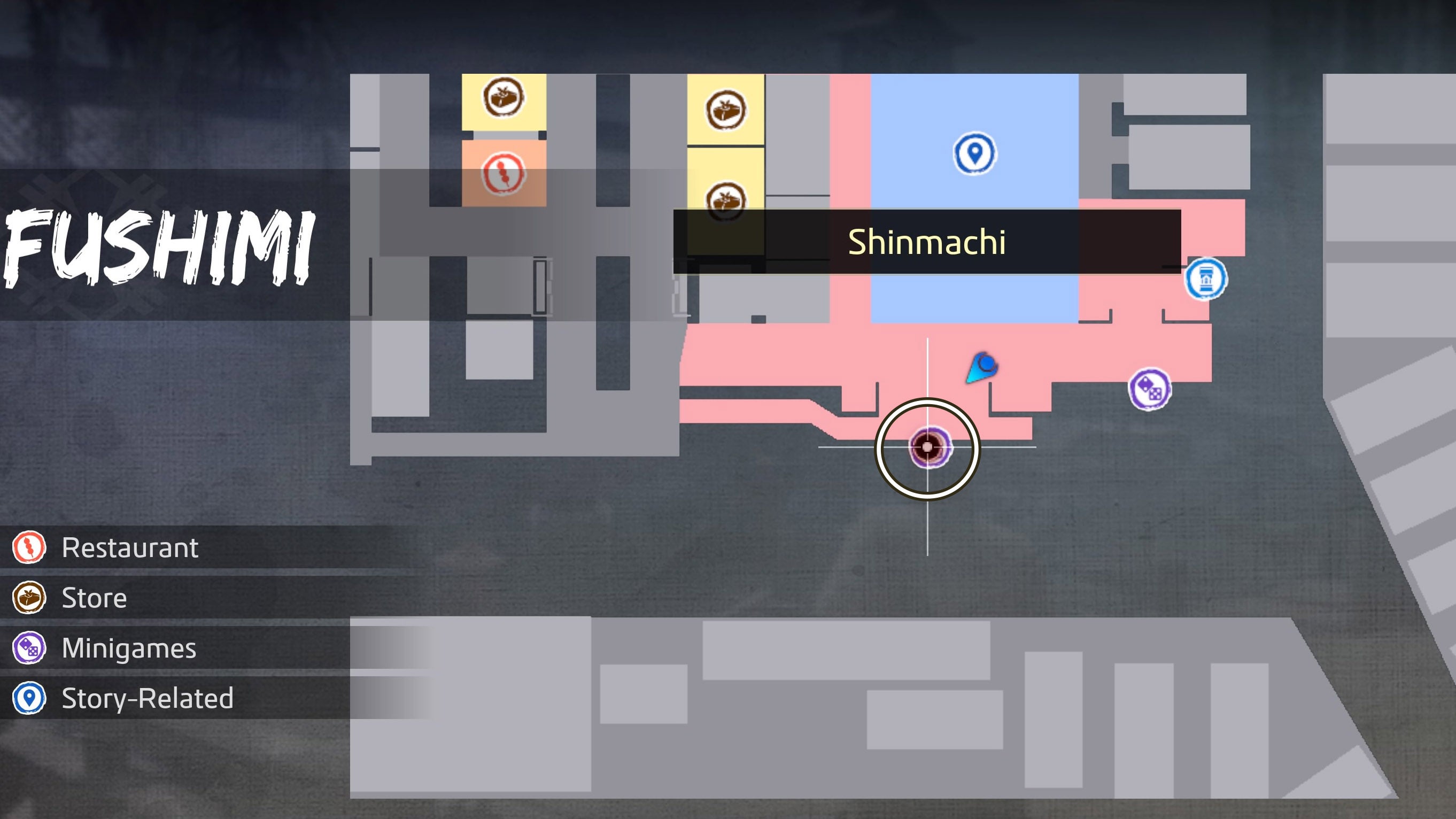 Like a Dragon Ishin, the Sea Fishing spot in Shinmachi has been circled on the map of Fushimi