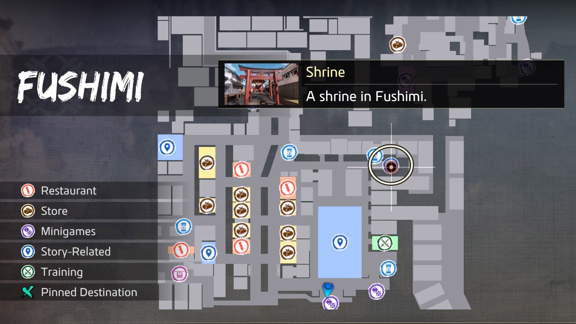 Like a Dragon Ishin, Fushimi Shrine Location is circled on the map