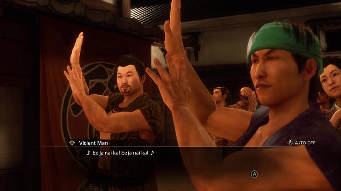 A group chants “Ee ja nai ka!” while dancing in Like A Dragon Ishin!