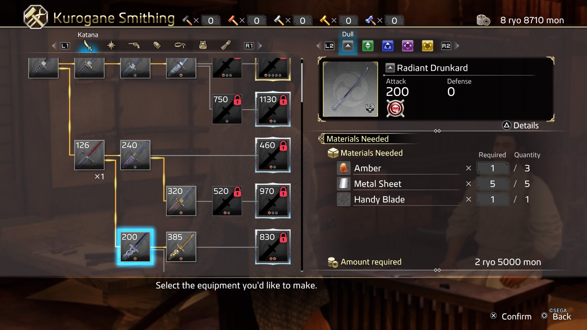 like a dragon ishin katana crafting menu