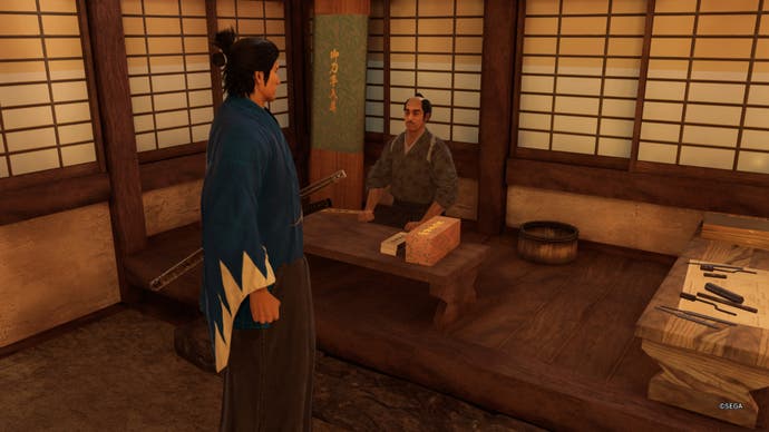 Like a Dragon Ishin, Ryoma is facing the materials vendor inside Kurogane Smithing