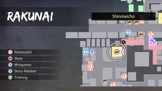Like a Dragon Ishin, the Kurogane Smithing location has been circled on a map of Rakunai