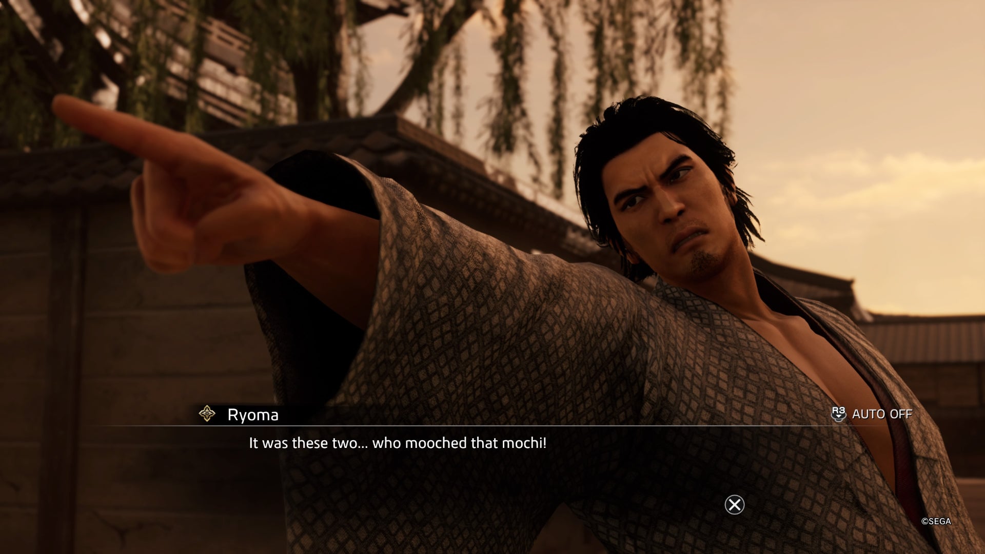 Like a Dragon Ishin, Ryoma is accusing the mochi thieves