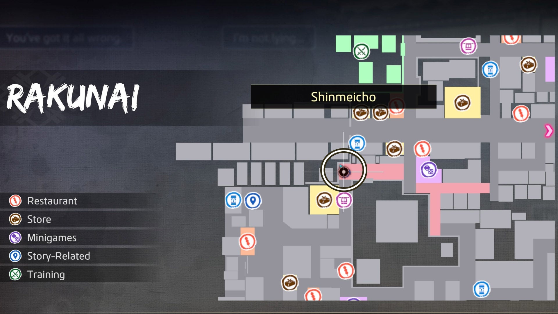 Like a Dragon Ishin, the location for the Mochi Mystery substory is circled on a map of Rakunai