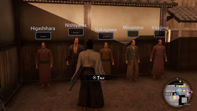 Like a Dragon Ishin, the five suspects in Mochi Mystery are lined up against a wall