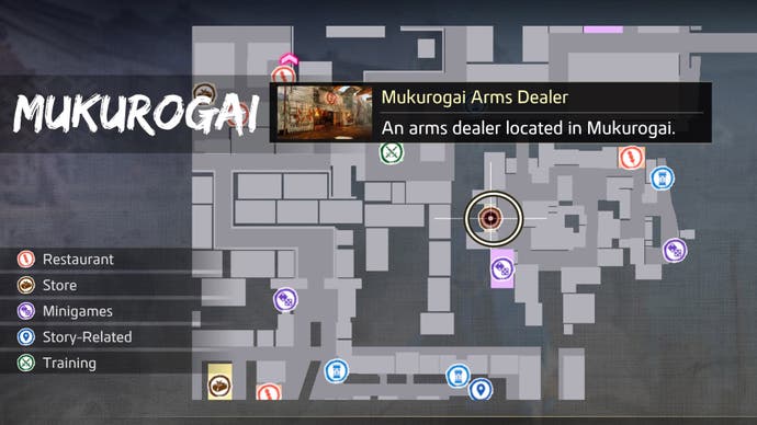 Like a Dragon Ishin, Mukurogai arms dealer location has been circled on the map.