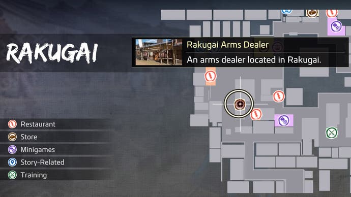 Like a Dragon Ishin, the Rakugai arms dealer location has been circled on the map.