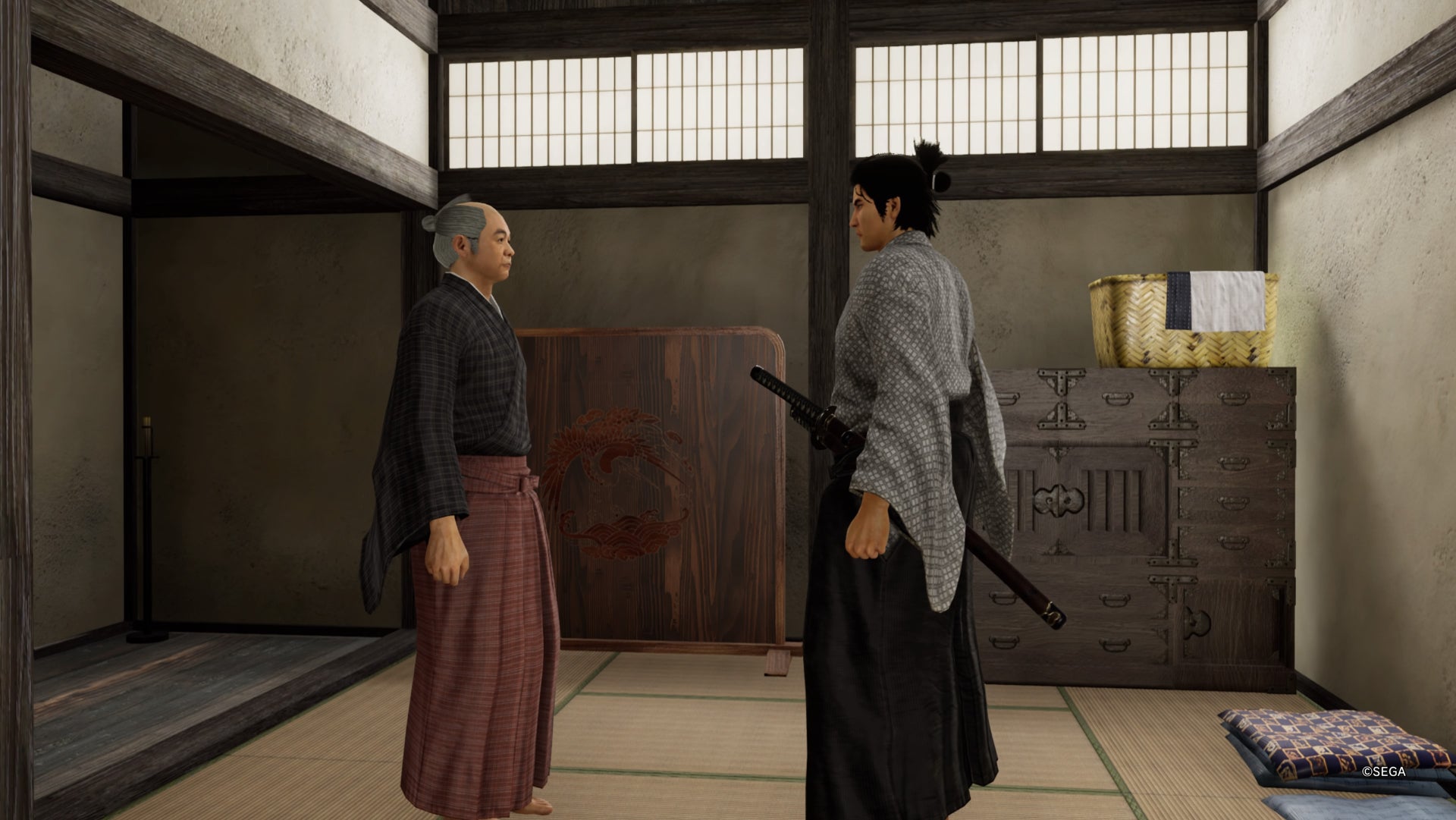 Like a Dragon Ishin, Global Fraud Ryoma is talking to the teacher in the Rakunai classroom