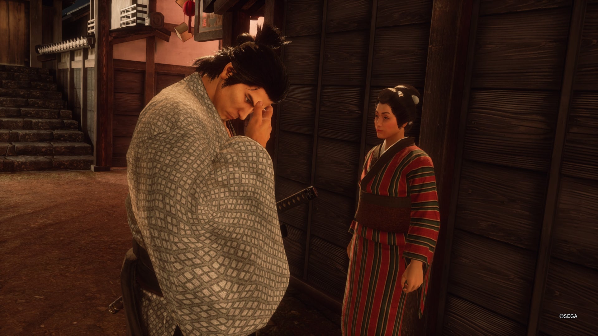 Like a Dragon Ishin, Ryoma holding his head facing Sakiko