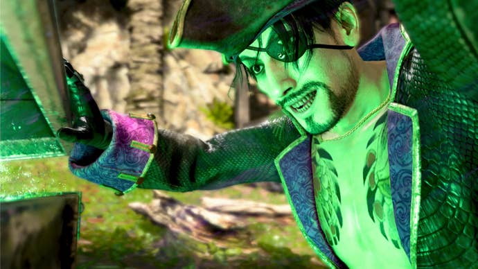 Goro Majima opening a treasure chest in Like a Dragon: Pirate Yakuza in Hawaii.