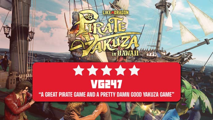 A five star review header for Like A Dragon: Pirate Yakuza in Hawaii.