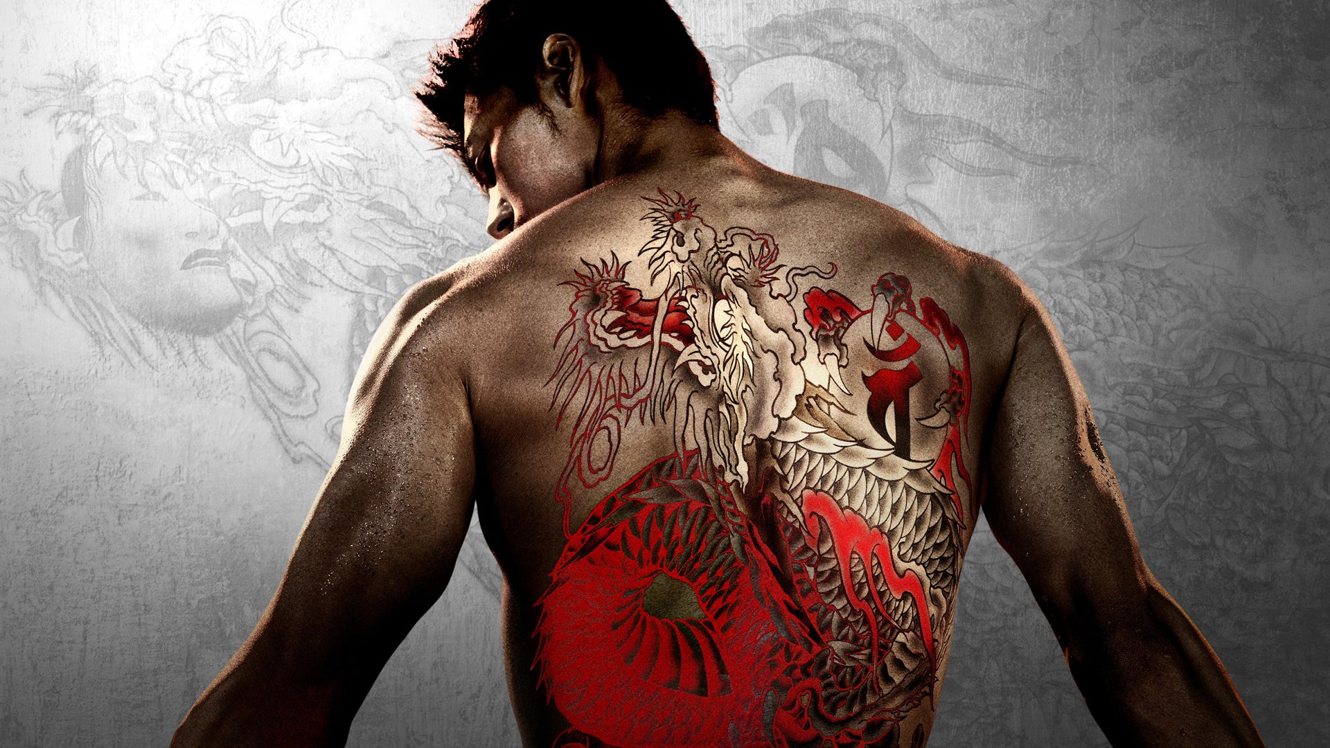 Live-action Kazuma Kiryu in a promotional shot for Like a Dragon: Yakuza, he is stood shirtless, his tattoo of a dragon on full display. - 3