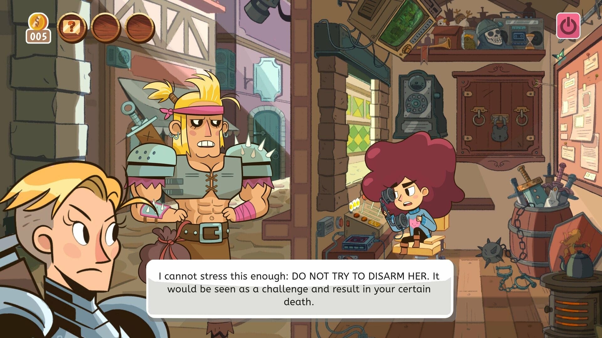 A small girl with big red hair stalks to a buff warrior in Lil Guardsman - 38