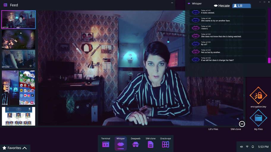 Actor Zar Amir stars as Lady Macbeth, looking into the camera and surrounded by desktop items. - 1