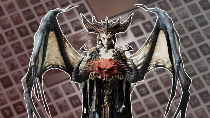 Lilith, from Diablo 4, holds a skull over the top of a blurred image of loads of Game Pass titles.