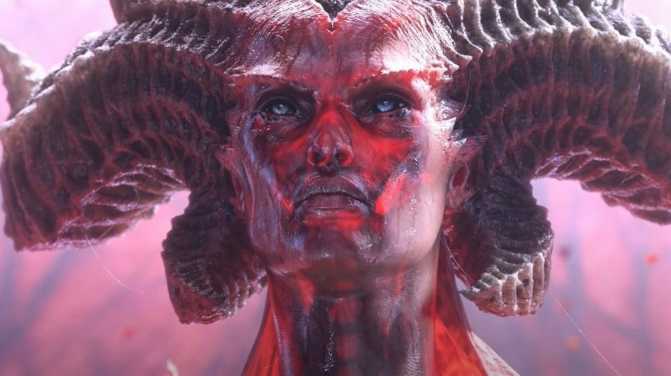 Lilith, the antagonist of Diablo 4, up close. She&rsquo;s a towering, horned, attractive lady. Here, she&rsquo;s the colour of skinless flesh. Eurgh.