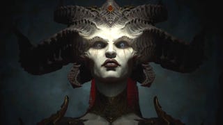 The mother of humanity, Lilith, in Diablo 4, looking imperiously down at the camera, with huge horns coming out of her head.