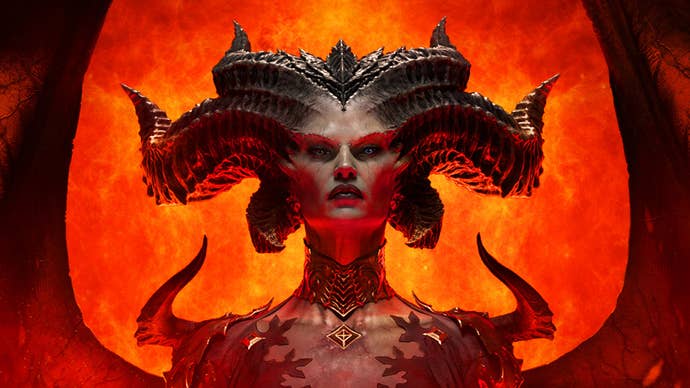 Artwork of Lilith, the antagonist in Diablo 4, with her huge wings framing her horned head, and the fires of what I presume are Hell burning behind. She’s not even sweating!