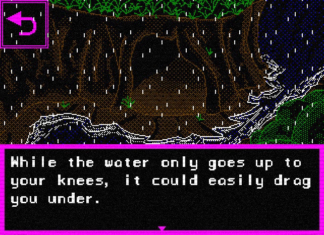 A retro-styled adventure game screen showing a choppy river on the edge of a forest during a thunderstorm at night. Text reads: &ldquo;While the water only goes up to your knees, it could easily drag you under."