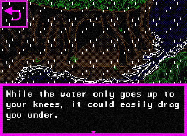 A retro-styled adventure game screen showing a choppy river on the edge of a forest during a thunderstorm at night. Text reads: “While the water only goes up to your knees, it could easily drag you under."
