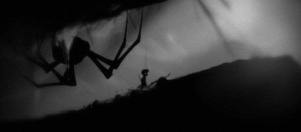 A monochrome representation of a horrible elephantine spider pursuing a tiny lad up a passageway successful 2D side-scroller Limbo.