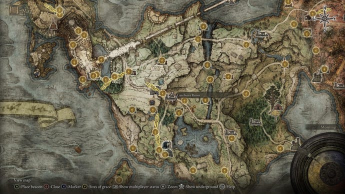 The location of the Limgrave West map fragment in Elden Ring