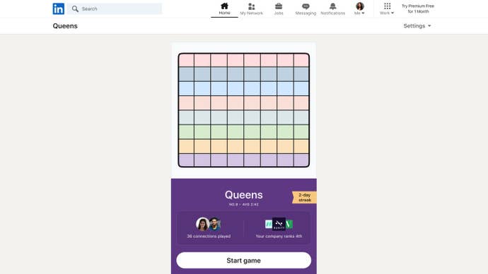 A mockup for the LinkedIn game Queens on its desktop website